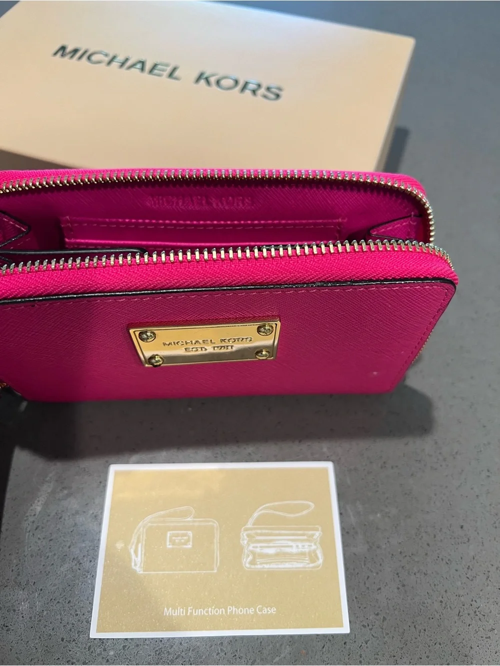 Michael Kors Hot Pink Saffiano Zip Wristlet Phone Case / wallet